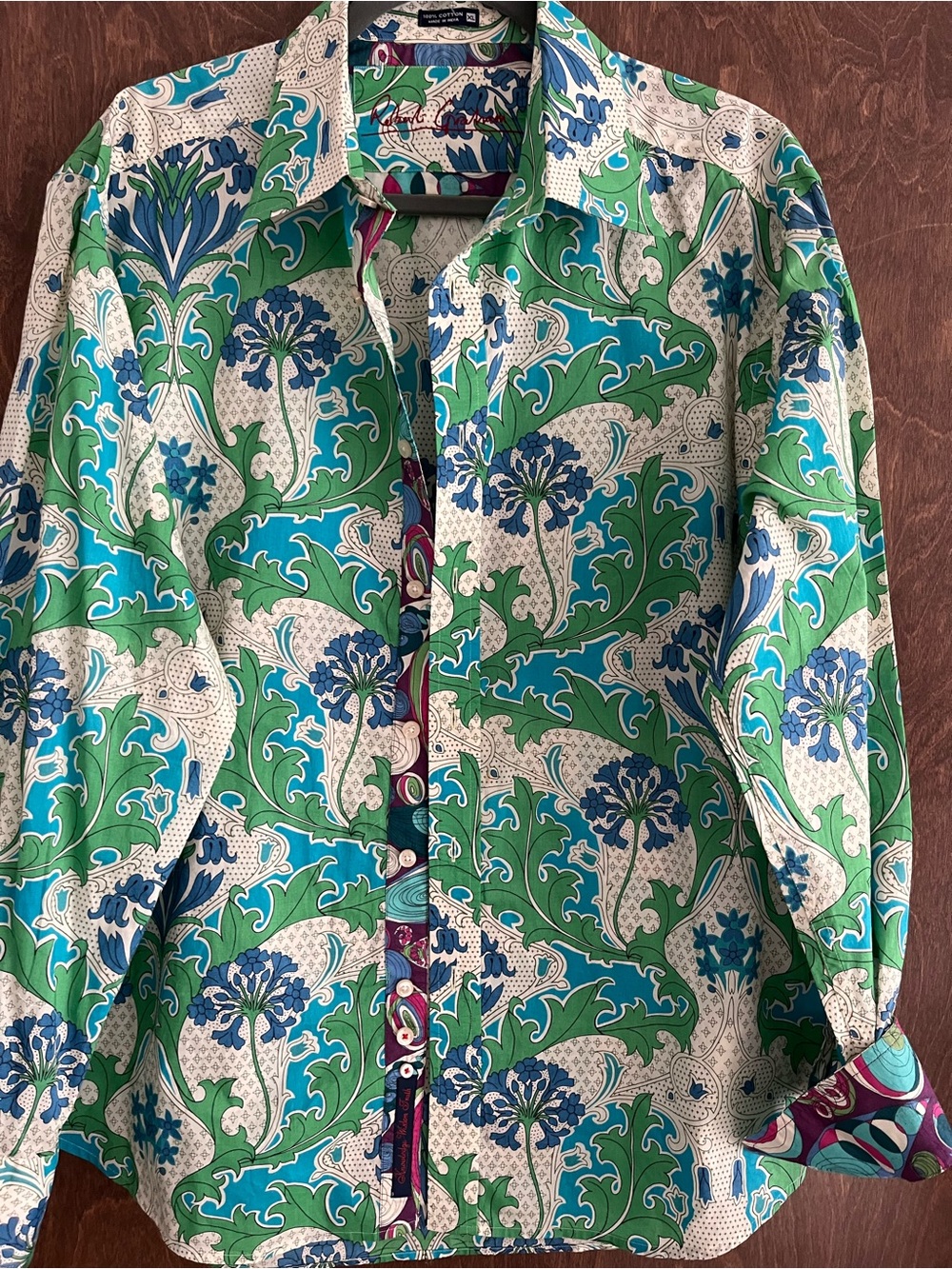 Vtg Robert GrahamVibrant Green & Blue Floral Men's Button-Up Shirt Very Rare XL